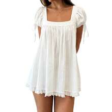 Women Puff Sleeve Babydoll Mini Dress Y2K Lace Trim Ruffle Flowy Dresses Summer Loose Swing Going Out Sundresses - 紅色 - 查看 4