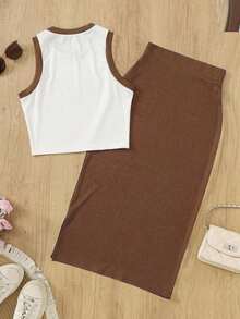 Conjunto de 2 piezas de camiseta sin mangas y falda larga de unicolor con ribete de contraste en estilo vintage elegante para resort, primavera/verano - Blanco y marrón - Ver 4