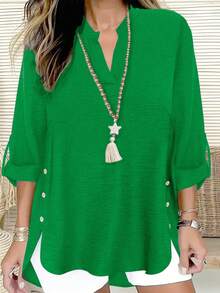 Camisa casual de talla grande con botones decorativos y cuello de solapa - Verde - Ver 6