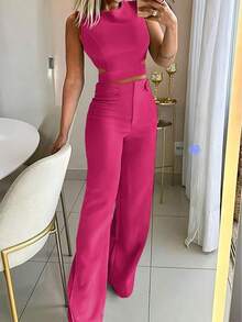 Women Casual Slim Fit Button-Up Suit Set, Modest Black Summer - Hot Pink - View 4