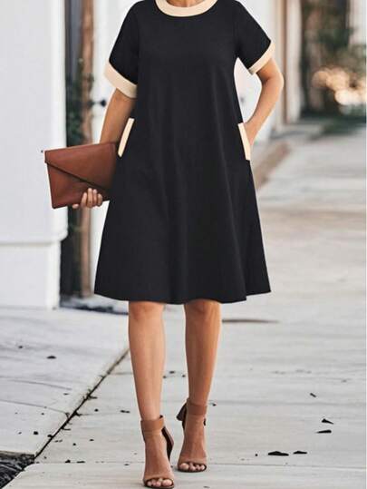 女士夏季连衣裙，女士春夏短款连衣裙，女士短款连衣裙，女士度假装，撞色口袋圆领优雅办公连衣裙，适合假日、工作和度假穿着