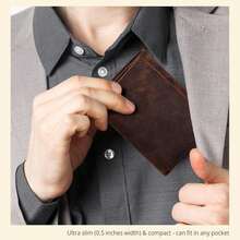 Real Leather Mens Trifold Wallet RFID Blocking Slim Minimalist Front Pocket - & Stylish With ID Window In Box - Brown - View 6