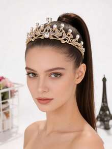 1 chiếc vương miện pha lê phong cách Baroque tối giản hiện đại, phụ kiện váy cưới cô dâu. - Vàng - Xem 2