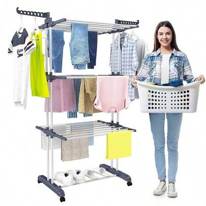 SIDIANBAN Clothes Drying Rack, Oversized 4-Tier(172cm) Foldable Stainless Steel Drying Rack Clothing, Movable Drying Rack With 4 Castors, 24 Drying Poles And 14 Hooks Bed Linen, Clothing,