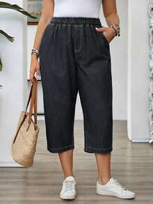 Plus Size Women's Dark Grey Elastic Waist Capri Length Jeans, Topstitching Craftsmanship, Comfortable Vintage Mid-Length Pants For Summer Commute Casual - Dark Grey - View 2