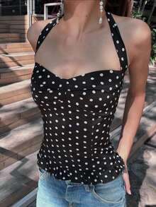 Áo nữ chấm bi cổ buộc dây viền bèo nhún, kiểu dáng thường ngày, màu đen. - màu đen - Xem 1