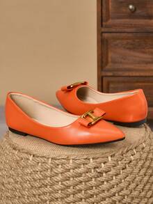 WHDXY 女士法式平底鞋，尖头蝴蝶结套脚鞋，百搭黑色复古乐福鞋，舒适休闲鞋 - 亮橙色 - 查看 4