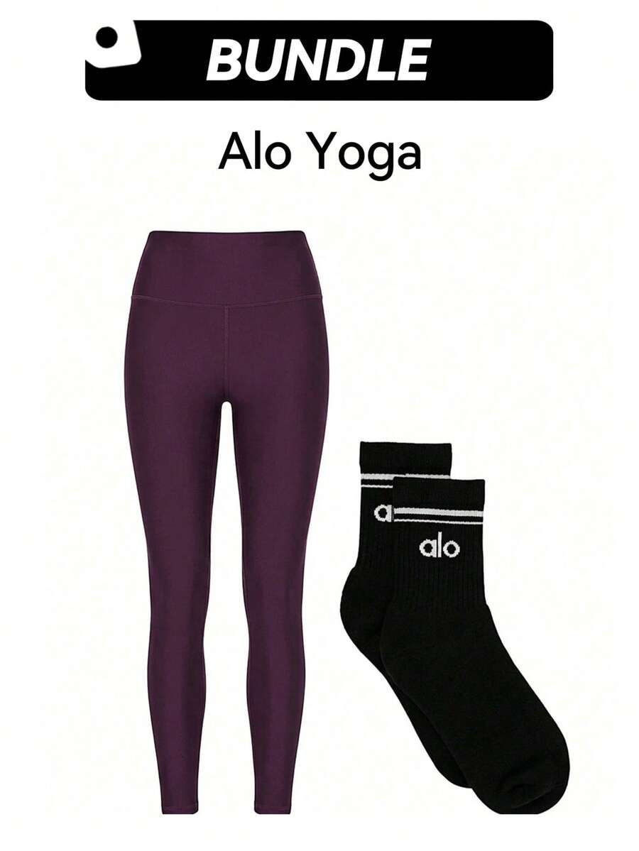 Alo 紧身裤和半筒袜复古套装 透气柔软弹力好 轻盈高腰 日常瑜伽健身 男女通用 红色和黑色 W5766R-酒红色+A0480U-黑色 - 深紫色-Black - 查看 1