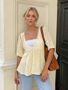 Women's Summer New Loose Hollow Lace-Up Knitted Cardigan, Minimalist Low Neck Short Sleeve Crochet Mesh Lightweight Sun Protection Top - 珊瑚橙 - 查看 12