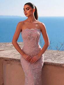 Faeriesty 优雅美人鱼无肩带晚礼服 - 精致刺绣亮片正式礼服，适合婚礼、晚宴、黑领结活动、红毯和慈善舞会等春季场合。 - 藕粉色 - 查看 5