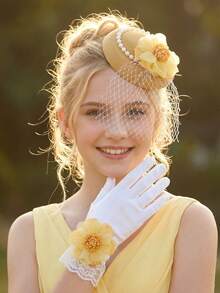 Set de 2 piezas: Sombrero fascinador con lazo de tul amarillo y cristales + Guantes con lazo para niñas y adolescentes, Set de 2 piezas: Minisom brero de tul beige, Accesorios para fotografía de boda, Decoración de boda, Accesorios para fotomatón de fiesta, Accesorios de boda, Corona floral, Corsage de muñeca, Conjunto para padres e hijos - Amarillo - Ver 9