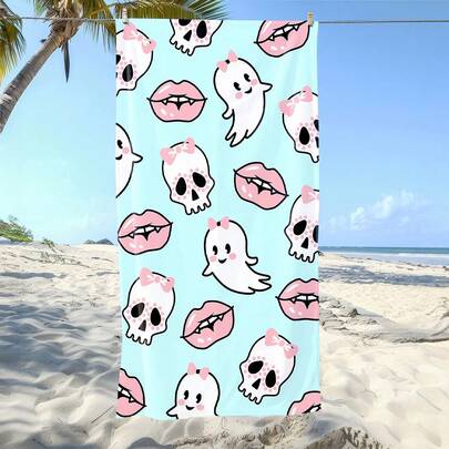 1条柔软粉蓝色甜美骷髅主题印花超柔软超细纤维沙滩巾，适用于海滩、游泳池、露营和旅行、浴室、健身、瑜伽等场合，极其舒适，时尚美观，超强吸水，轻便易携，防风防晒，夏季旅行防沙，浴室装饰