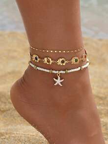 3pcs/Set Summer Beach Vacation Shell Beaded Starfish Pendant Anklet, Copper Chain Fashionable Rhinestone Handmade Anklet Jewelry For Women, Suitable For Daily Wear, Vacation, Travel And Shopping. The Rhinestone Chain Can Be Cut To Desired Length, The Number And Color Arrangement Of Beads Is Random. - Multicolor - View 7