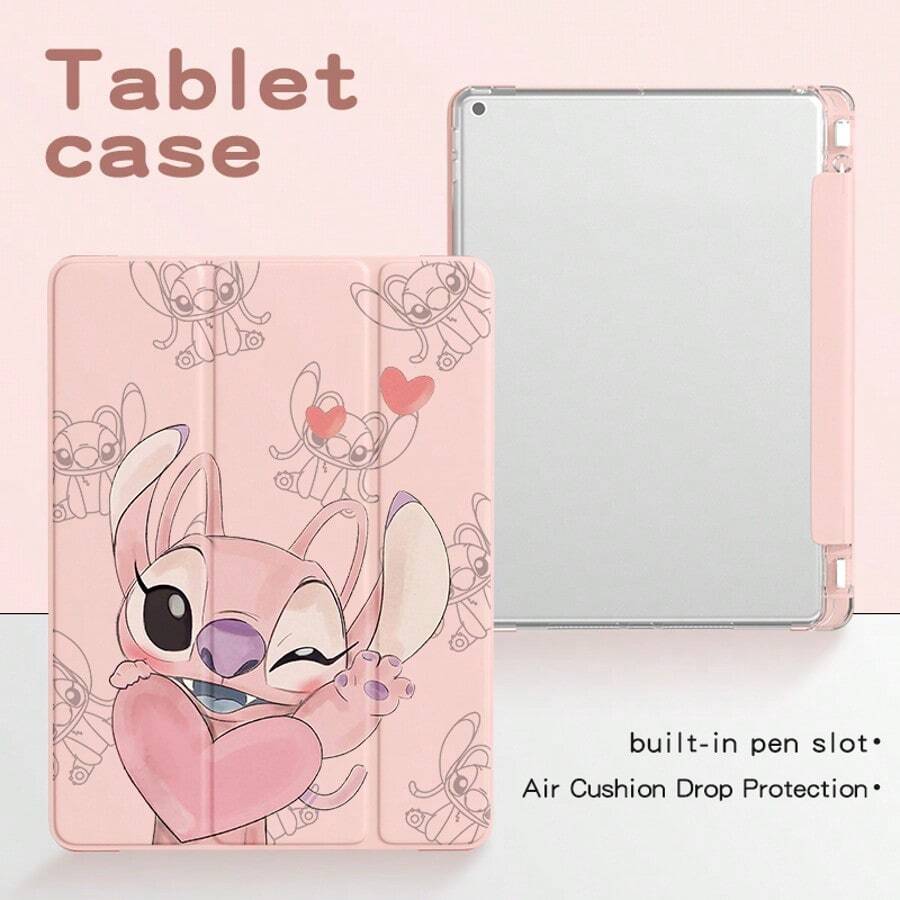 Disney 卡通史迪奇图案平板电脑保护套，兼容 iPad Pro 13/12.9/10.5/10.2/9.7/8.3/7.9 英寸，兼容 2025/2024/2023/2022/2021 款 M5/M4/M3/M2 型号，iPad Air 2/3/4/5 2017/2018/2019/2020 款，iPad 5/6/7/9/10/11 代，iPad Mini 4/5/6/7 款，可爱可折叠双面软壳，男女通用 - 粉色 - 查看 1
