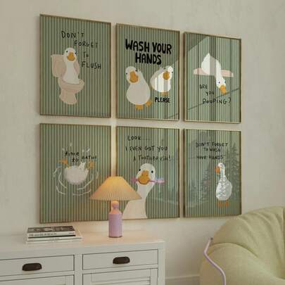6件套趣味傻鸭浴室帆布壁画 - 幽默洗手和冲洗浴室海报，可选画框，家居装饰，房间装饰美学和墙面装饰