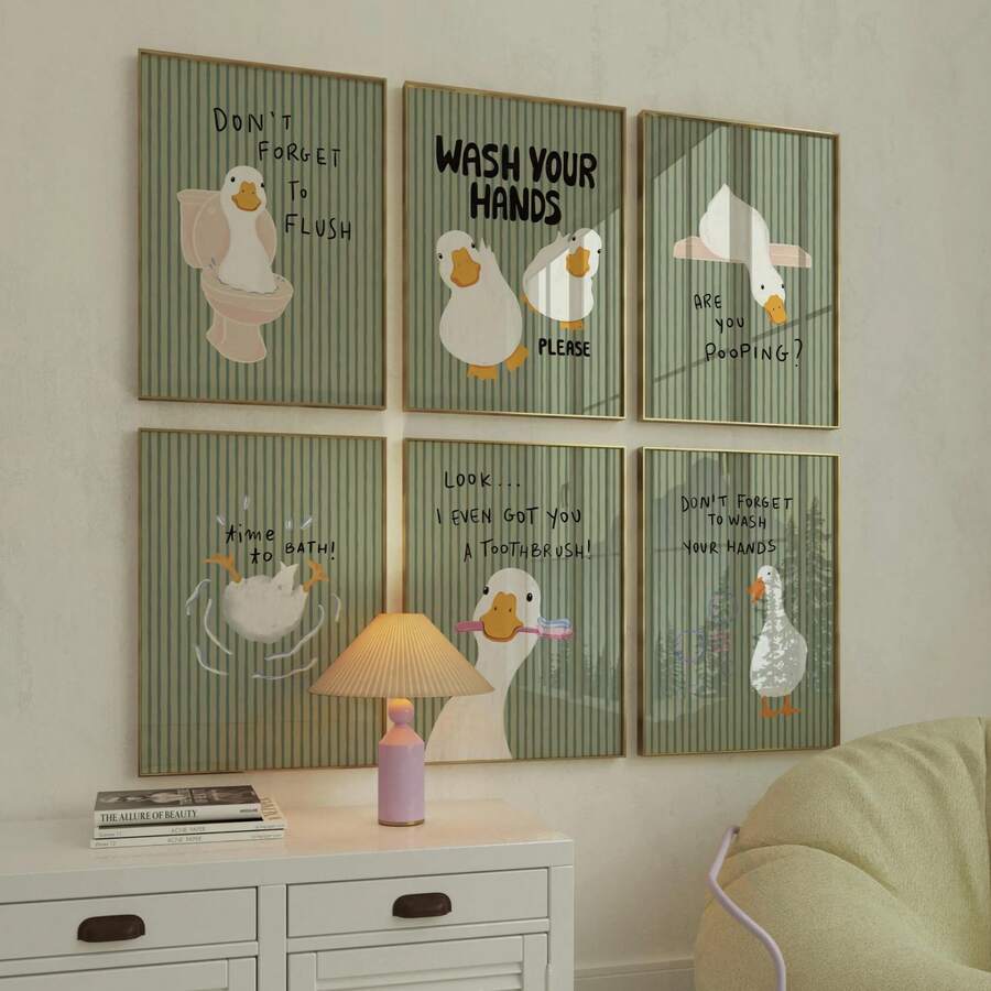 6pcs/Set Funny Silly Duck Bathroom Canvas Mural - Humorous Hand Washing And Rinsing Room Posters, Optional Frame Home Decoration, Room Decoration Aesthetics And Wall Decoration - 6PCS - View 1