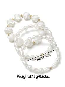 3pcs Pearl & Shell Beaded Layered Bracelet Set, Beach Vacation Style Jewelry Suitable For Summer Beach & Daily Wear - Multicolor - View 4