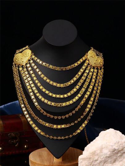1pc Vintage Palace Style Gold-Plated Zinc Alloy 7-Layer Chain Necklace With Carved Heart Pendant, Suitable For Women, Weddings, Parties, Festivals, Can Also Be Given As A Gift