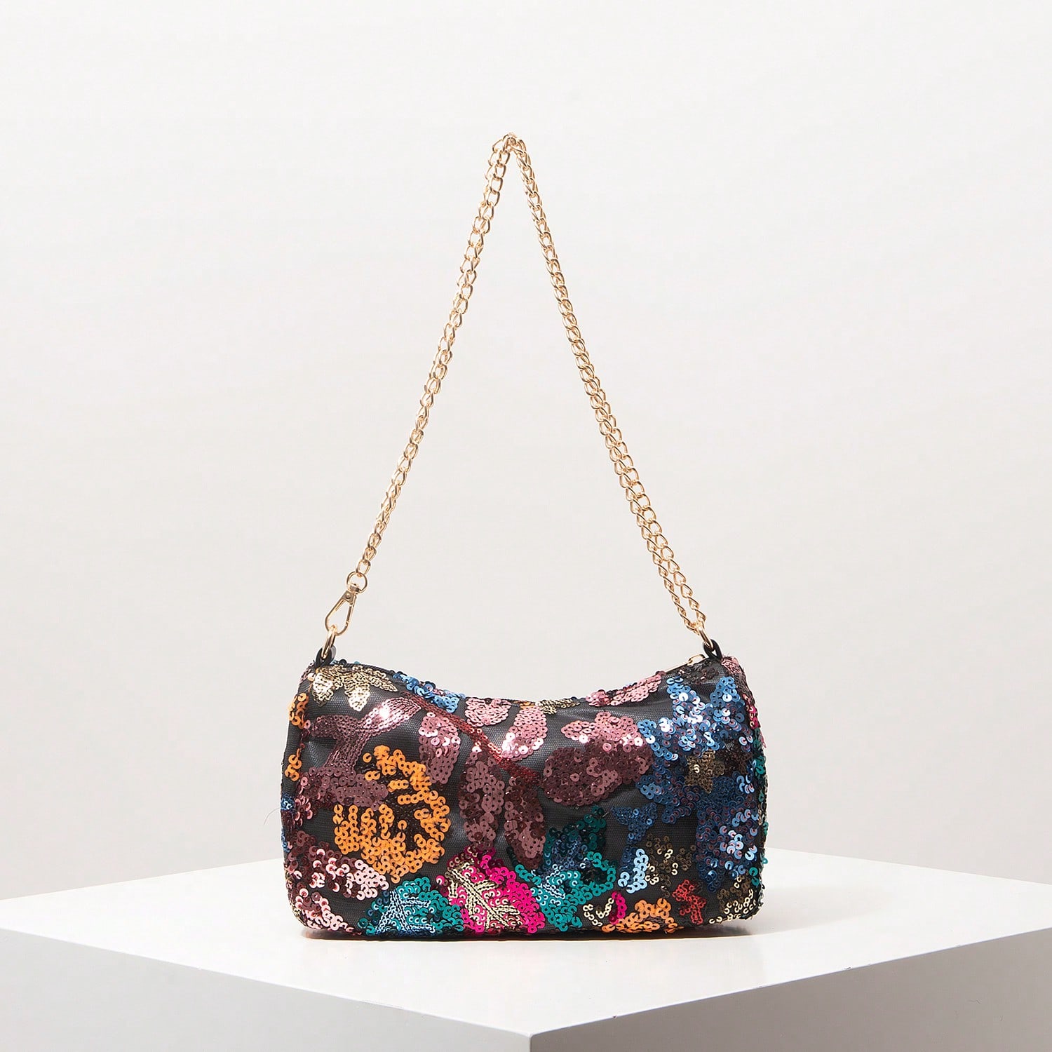 Bolso de hombro de mujer con decoración de lentejuelas, cadena de metal con diseño de bordado floral, elegante bolso de mano para dama adecuado para