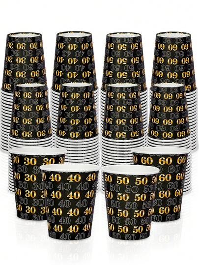 Bộ 10/40 cốc giấy dùng một lần màu đen vàng cho sinh nhật lần thứ 30, 40, 50, 60, đồ dùng trang trí tiệc sinh nhật kỷ niệm cho nam và nữ, tiệc theo chủ đề, tiệc sinh nhật, tiệc kỷ niệm.