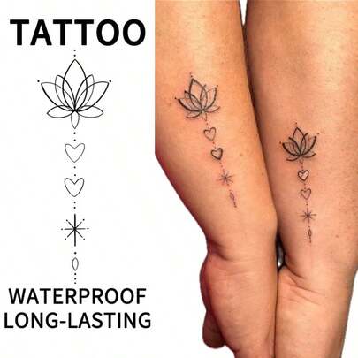 Tatuaje temporal impermeable de 15 días | Diseño de flor de loto y corazón | Apto para brazos, piernas, espalda, tatuaje realista para hombres y mujeres | Regalo ideal - opción perfecta para ella