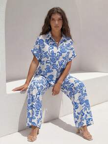 ZIAI Trang phục nữ phong cách Bohemian mùa xuân, bộ đồ 2 mảnh in họa tiết lễ Phục sinh thường ngày cho mùa hè dành cho nữ, áo và quần. - Màu xanh lam - Xem 3