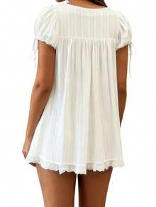 Women Puff Sleeve Babydoll Mini Dress Y2K Lace Trim Ruffle Flowy Dresses Summer Loose Swing Going Out Sundresses - 紅色 - 查看 6