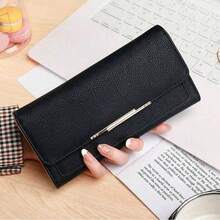 1pc 2024 New Black Wallet, Large Capacity Women's Long Wallet, Ladies Thin Wallet With Rhombus Metal Clutch, Business & Daily Use, Gift For Girls, Valentine's Day Gift For Women Money Wallet Purse Wallet Travel Essential Summer Black Bag Festival Graduation Teacher Appreciation Gifts Birthday Mother Gifts Mothers Day Gift - Black - View 1