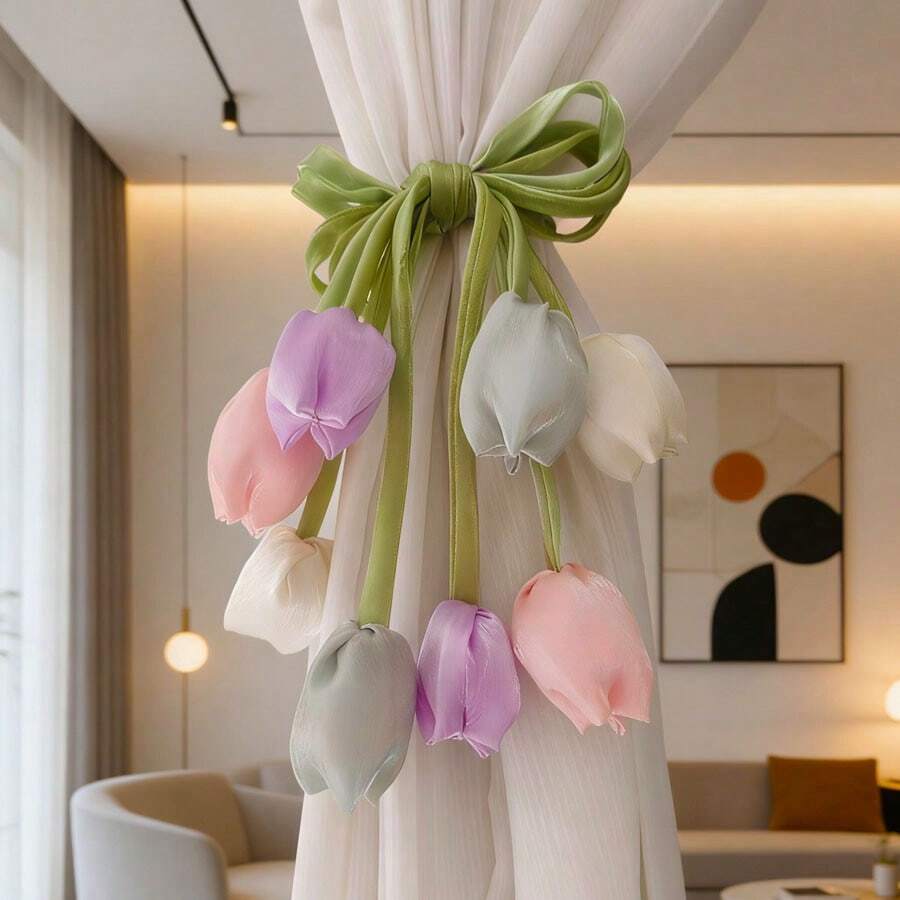 2pcs Double-Head Tulip Flower Design Curtain Tie Backs, New Style Living Room Curtain Voile Tiebacks, Woven Curtain Ribbons, Curtain Decor Tapes - Multicolor - View 1