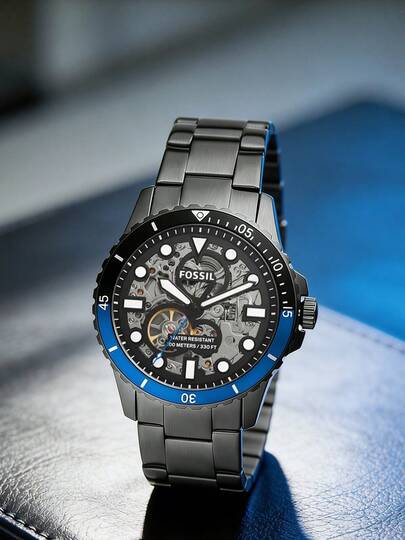 Đồng hồ cơ tự động Fossil FB-01 ME3201 dành cho nam, vỏ thép không gỉ, mặt số rỗng màu đen, màu xám tro.