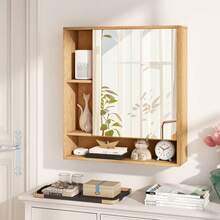 Wall Mounted Bathroom Cabinet With Mirror Single Door 3-Position Adjustable Shelf Hidden And Open Storage For The Bathroom, Living Room Or Entryway - 自然的 - 查看 2