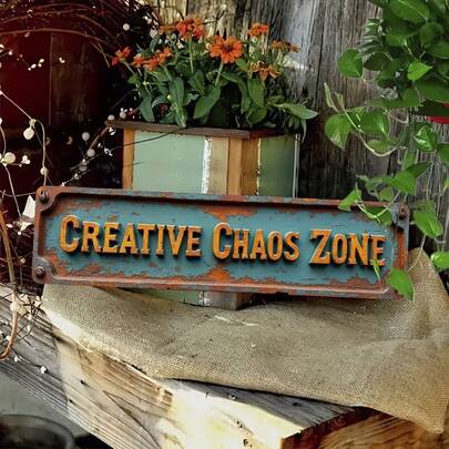1pc Vintage & Unique 2D Flat Metal Sign "CREATIVE CHAOS ZONE" - Size: 39.88 Cm X 9.91 Cm - European & American Style Wall Decor - Durable For Indoor/Outdoor Use, Suitable For Home, Kitchen, Cafe, Bar