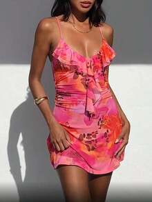 Floral Print Ruffle Trim Cami Mini Casual Vacation Dress Party Summer - 彩色 - 查看 4