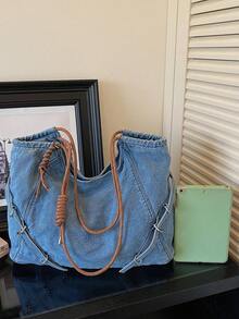 Túi đeo vai denim dáng casual dành cho nữ, túi tote tối giản dung tích lớn, phù hợp cho công việc, đi làm, du lịch, nghỉ mát, đi học. - Màu xanh lam - Xem 6