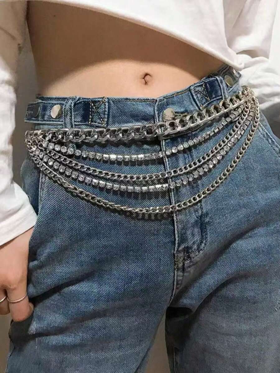 1件女士性感银色四链钻石腰链，适合日常搭配牛仔裤和连衣裙佩戴 - 銀色 - 查看 1