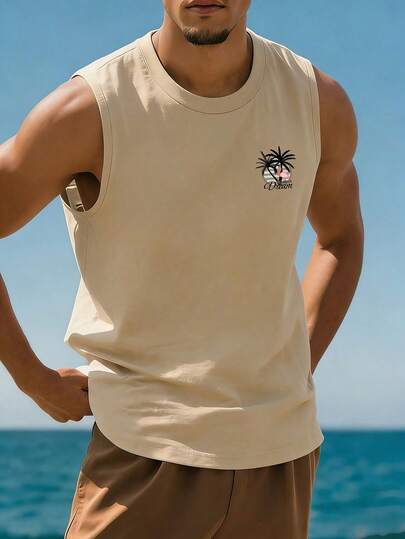 1pc Men's Summer Casual Coconut Tree & English Print Round Neck Tank Top