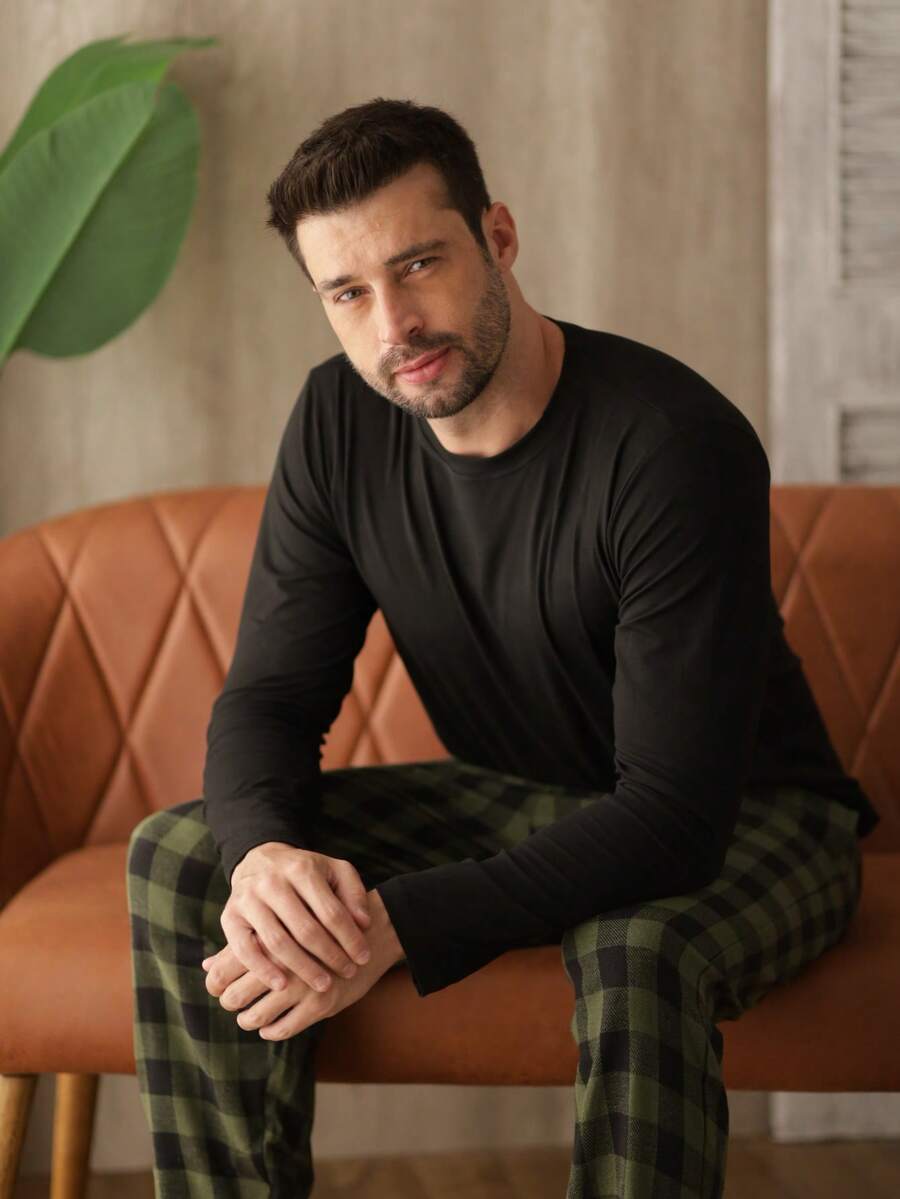 Men's Long Plaid Pajamas Cold Winter Flannel - 綠色 - 查看 1