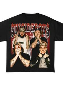 Suicideboys Collage Crew Neck T-Shirts Grunge Red Print Short Sleeve - Black - View 1
