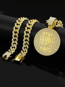 嘻哈项链] 1条闪亮水钻嘻哈链项链 | 男女皆宜的金色合金设计，配有刻有“保持谦逊”字样的吊坠 - 生日和情人节的完美礼物 - stay hard吊墜項鍊 - 查看 16