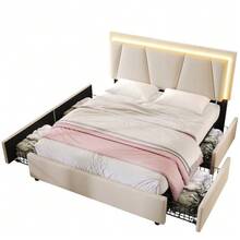 (=808182AAG) Upholstered Bed With LED Lighting And 4 Drawers, Height-Adjustable Headboard, 160x200cm Double Bed Frame With Storage, Wooden Slatted Base, Grey (Mattress Not Included) - Beige - View 1