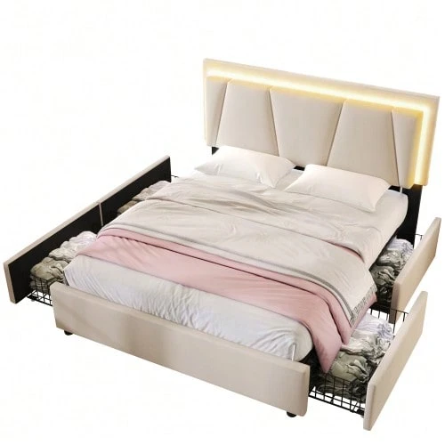 (=808182AAG) Upholstered Bed With LED Lighting And 4 Drawers, Height-Adjustable Headboard, 160x200cm Double Bed Frame With Storage, Wooden Slatted Base, Grey (Mattress Not Included) - Beige - View 1