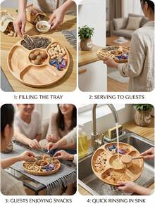 1pc Five-Compartment Round Wooden Tray,Divided Serving Tray, Round Wood Serving Board,Used For Snacks,Dried Fruits,Tea,Suitable For Home,Hotel,Restaurant,Wedding Party,Kitchen,Table Decoration, Wooden Snack Platter Five Compartment Partition - View 9