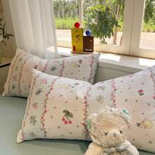 4 piezas Juego de ropa de cama suave y cómodo con estilo INS, estampado de conejo y fresa (1 Edredón + 2 Fundas de almohada + 1 Sábana plana, sin relleno), Juego de ropa de cama reversible con estampado de conejo a rayas, Edredón de jacquard de nube transpirable, Adecuado para dormitorio, habitación de invitados - verde menta - Ver 8