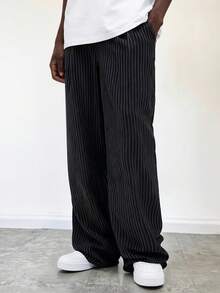 Loose Wide Leg Pants, Casual Vertical Striped Maxi Trousers, Fashionable Y2K Black Fine Striped Super Wide Leg Pants, Unisex Daily Street Style Leisure Long Pants, Suitable Gift For Husband/Boyfriend - Black and White - View 3