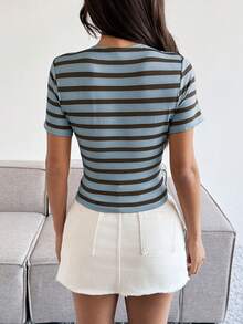 Ms. VIVINA's Spring And Summer Fashion: Simple, Color-Blocked Striped Round Neck Short-Sleeve Button-Up Casual Top For Women, Ideal For Travel, - Brown and Blue - View 3