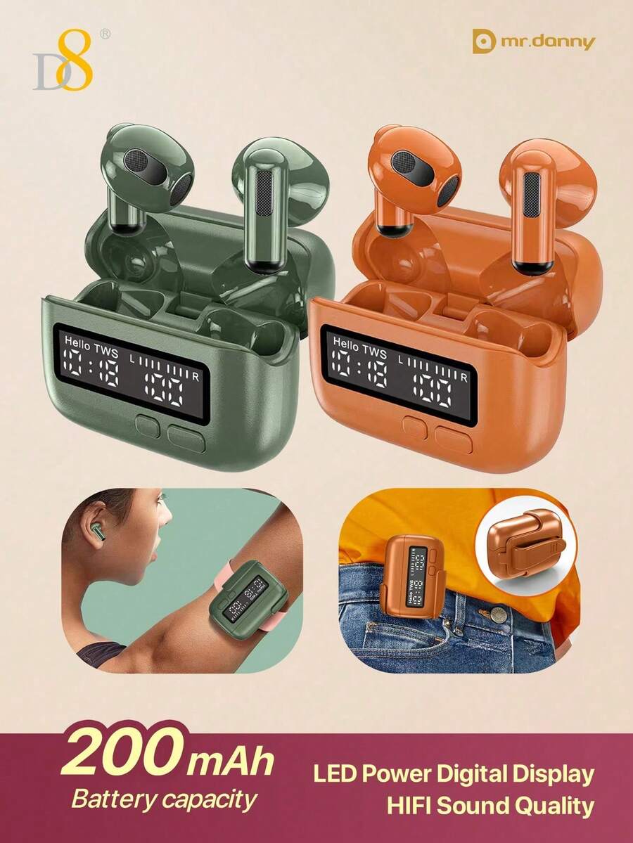 D8 Wireless Earbuds Headphones, Bass Stereo Ear Buds, LED Display In Ear Earphones, Buit-In Mic, Button Control, Time Display, Headset With Charging Case, For IOS Android, Laptop Pad Phones Gym Exercise Runnin, Removable, Can Be Damped On Waist Belt, Belt, Podket, Etc