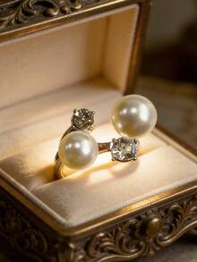 1 件时尚简约珍珠戒指，适合女性日常佩戴（可调节） - 金黃色 - 查看 6