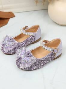 女童新款紫色亮片蝴蝶公主鞋，珍珠单带防滑软底鞋，儿童表演水晶鞋 - 紫色 - 查看 1