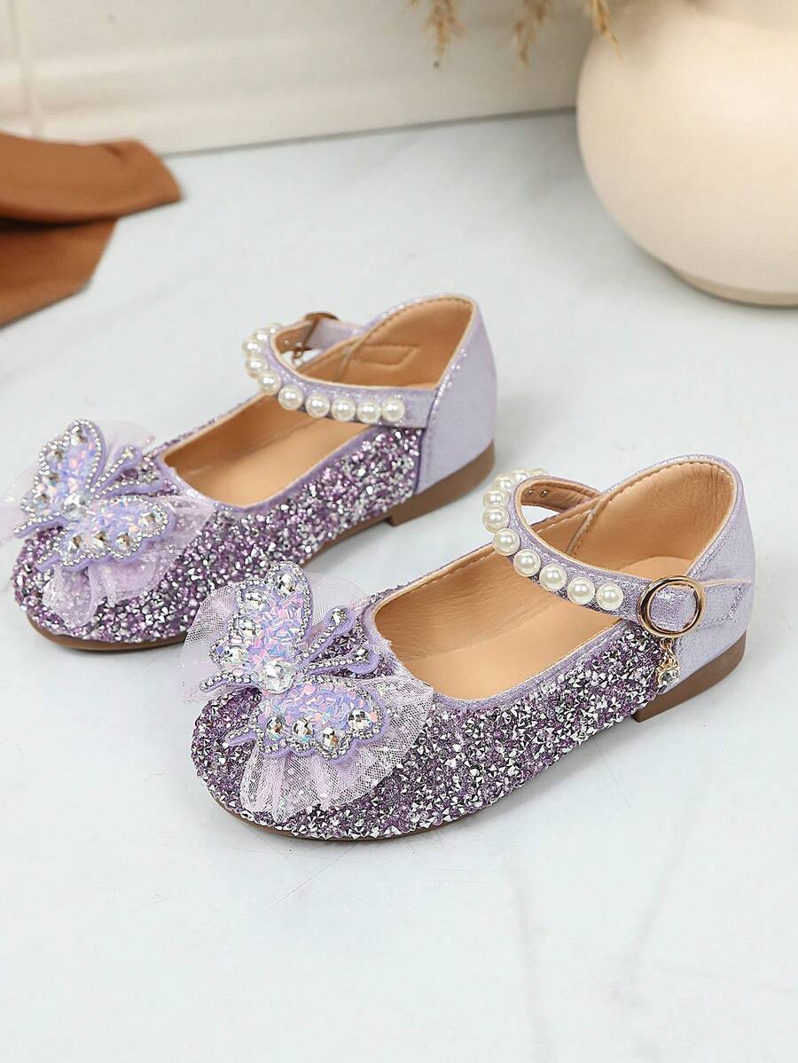女童新款紫色亮片蝴蝶公主鞋，珍珠单带防滑软底鞋，儿童表演水晶鞋 - 紫色 - 查看 1