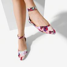 Women Wedge Flats Pointed Toe Ankle Strap Dress Flats Comfortable Elegant Casual Commute Wedding Ballet Flats Shoes - 花/白 - 查看 9